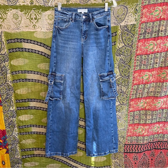 Risen Jeans Dark Stone Wash High-Rise Wide Leg Cargo Jeans Size 27 Y2K Revival - Picture 2 of 16